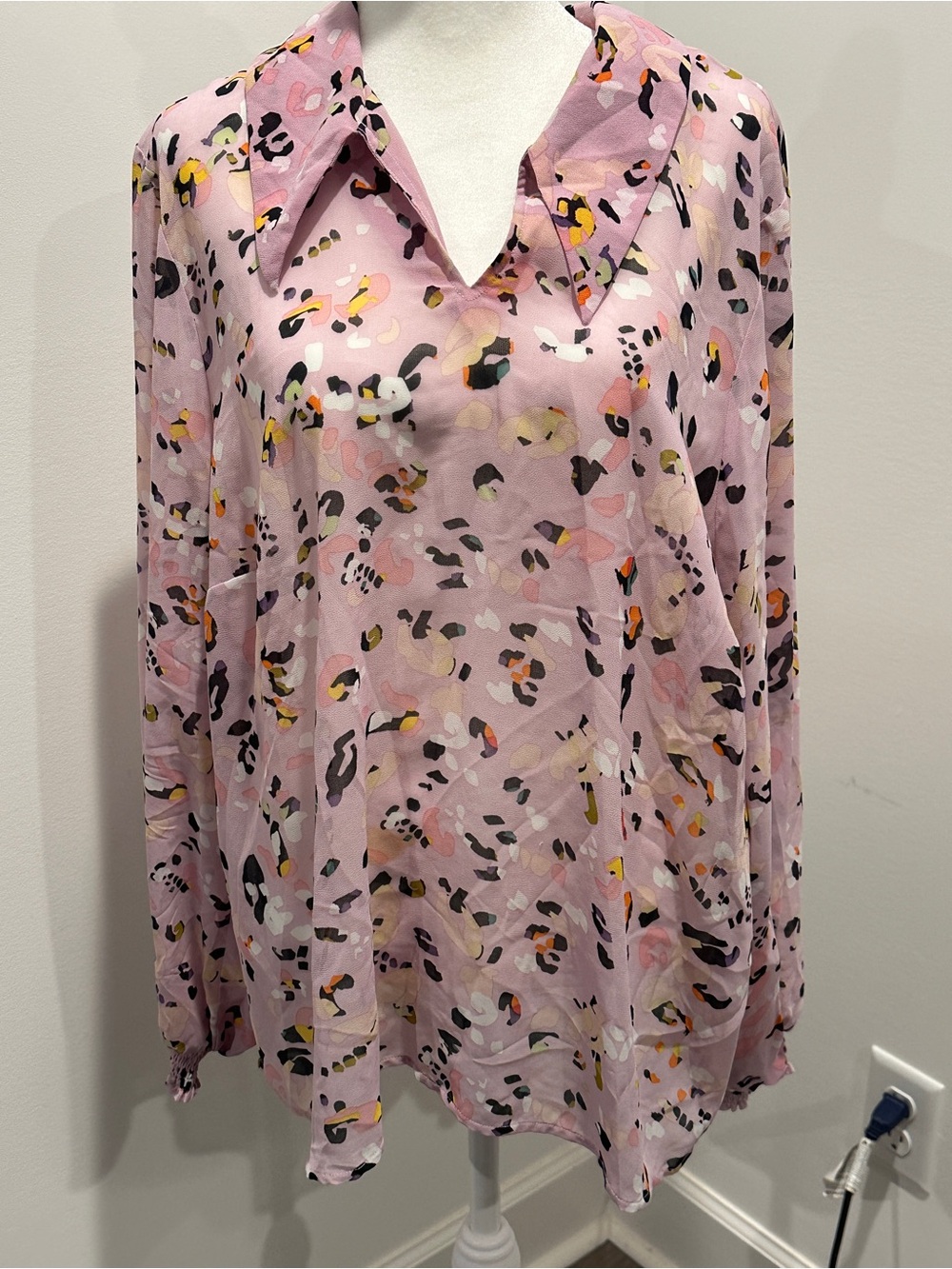 CAbi Pink Abstract Print Long-Sleeve V-Neck Blouse